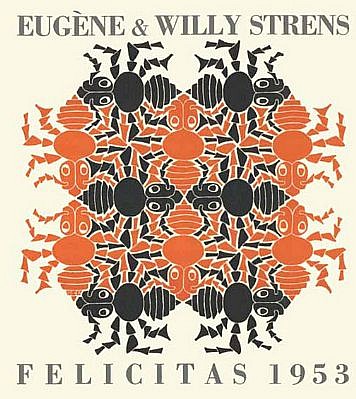 MC Escher, Earth II (New Year's Greeting Card 1953) (B. 382), 1952
woodcut in blue-grey and orange, printed from two blocks, with letterpress typography in grey, 6 1/8 x 5 3/8 inches
Escher was commission to design these greeting cards by the Strens and Asselberg families.  "The Four Elements" (Earth, Air, Fire, Water) for four sequential New Year's cards.
ESCH0143