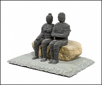 Boaz Vaadia Yokheved & Amram (#102) (1990/2009), a stacked bronze and bluestone figurative sculpture featuring two seated human forms on a boulder. This contemporary minimalist sculpture reflects Vaadiaâ€™s signature style, available at Sponder Gallery.
