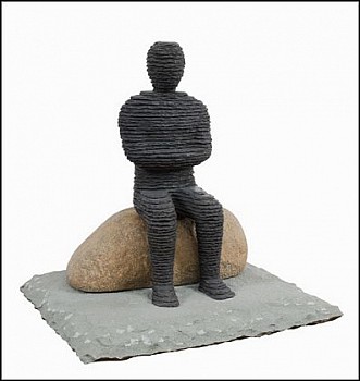 Boaz Vaadia Menashshe (#114) (2011), bronze, bluestone, and boulder seated figure sculpture, 17.5 x 17 x 17 inches. Created using Vaadiaâ€™s signature stacked stone technique, inspired by natural formations and archaeology. Available at Sponder Gallery.