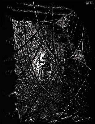 MC Escher, Cobwebs (B.154), 1931
Woodcut, 7 x 5 3/8 inches
This print was published with a poem titled "Cobwebs" by A.E. Drijfhout in De Graphics M.C. Esher by G.H.'s Gravesande, Halcyon 3-4, The Hague, 1940
ESCH0016