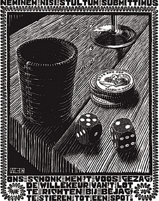 MC Escher, Emblemata Suite: Dice (B. 179)
Edition 257/300, 1931
Woodcut, 7 1/8 x 5 1/2 inches
ESCH0101