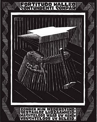 MC Escher, Emblemata Suite: Anvil (B. 163)
Edition 257/300, 1931
Woodcut, 7 1/8 x 5 1/2 inches
ESCH0115
