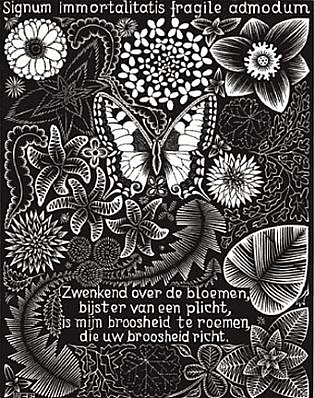 MC Escher, Emblemata Suite: Butterfly (B. 180)
Edition 257/300, 1931
Woodcut, 7 1/8 x 5 1/2 inches
ESCH0102