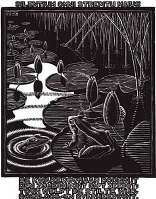 MC Escher, Emblemata Suite: Frog (B. 175)
Edition 257/300, 1931
Woodcut, 7 1/8 x 5 1/2 inches
ESCH0123