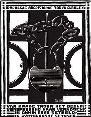 MC Escher, Emblemata Suite: Padlock (B. 185)
Edition 257/300, 1931
Woodcut, 7 1/8 x 5 1/2 inches
ESCH0120