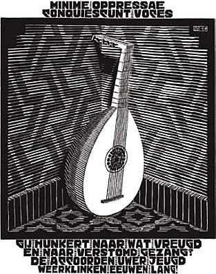MC Escher, Emblemata Suite: Lute (B. 164)
Edition 257/300, 1931
Woodcut, 7 1/8 x 5 1/2 inches
ESCH0099