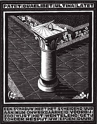 MC Escher, Emblemata Suite: Sundial (B. 169)
Edition 257/300, 1931
Woodcut, 7 1/8 x 5 1/2 inches
ESCH0118