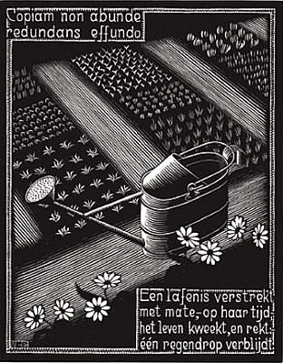 MC Escher, Emblemata Suite: Watering Can (B. 184)
Edition 257/300, 1931
Woodcut, 7 1/8 x 5 1/2 inches
ESCH0100