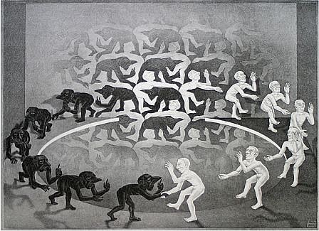 MC Escher, Encounter (B. 331)
Edition II 11/32, 1944
Lithograph, 13 1/2 x 18 1/4 inches
Out from the surface of a grey wall develops a complicated pattern of white and black figures of little men.  And since men who desire to live need at least a floor to walk on, a floor has been designated for them, with a circular gap in the middle so tha
ESCH0028