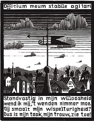 MC Escher, Emblemata Suite: Weather Vane (B. 168)
Edition 257/300, 1931
Woodcut, 7 1/8 x 5 1/2 inches
ESCH0119