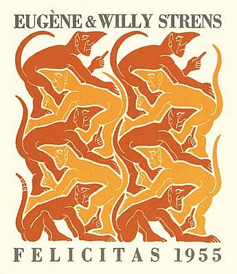 MC Escher, Fire (New Year's Greeting Card 1955) (B. 384), 1952
woodcut in yellow and orange, printed from two blocks, with letterpress typography in grey, 6 1/8 x 5 3/8 inches
Escher was commission to design these greeting cards by the Strens and Asselberg families.  "The Four Elements" (Earth, Air, Fire, Water) for four sequential New Year's cards.
ESCH0144
