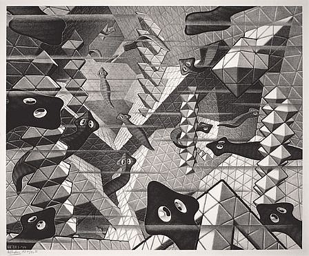 MC Escher, Flatworms (B. 431)
Signed , Edition 30/53, 1959
Lithograph, 13 1/4 x 16 1/4 inches
Bricks are rectangular so they are most suitable for building houses.  The stacking of stones of a non-cubic type will produce other possibilities.  For instance, one can make use of tetrahedrons and octahedrons.  Such are the basic shapes which are used
ESCH0079