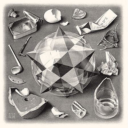 MC Escher, Order and Chaos I (Contrast) (B. 366)
Signed, Edition 14/43, 1950
Lithograph, 11 x 11 inches
A stellar dodecahedron is placed in the center and is enclosed in a translucent sphere like a soap bubble.  This symbol of order and beauty reflects the chaos in the shape of a heterogeneous collection of all sorts of useless, broken and crumpled objects.
ESCH0017