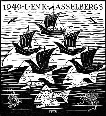 MC Escher, New Years's Greeting card 1949 - L. and K. Asselbergs (B. 360), 1948
Woodcut, 6 x 5 1/2 inches
ESCH0126