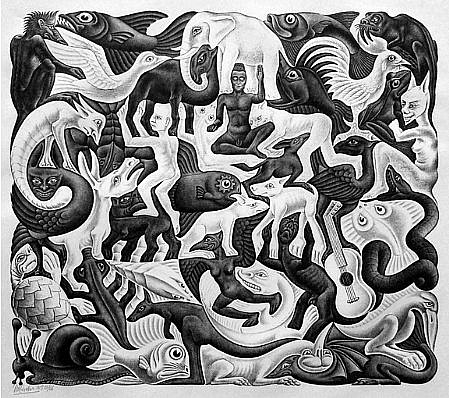 MC Escher, Plane Filling II (B. 422)
Signed, Edition 6/56, 1957
Lithograph, 12 3/8 x 14 5/8 inches
In this case the only regularity to be noted is the rectangularity of the complete surface.  There are but few of the inner figures bordered by four adjacent ones.  The direct environment of the frog consists of two figures; the guitar is hemmed in by thr
ESCH0056
