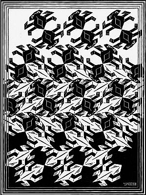 MC Escher, Regular Division of the Plane V: Black (B. 420), 1957
Woodcut, 9 1/2 x 7 1/8 inches
In 1957 the De Roos Foundation commissioned Escher to write an essay on his tessellation work In 1958 the essay was published as a book called 'Regelmatige Vlakverdeling' (The Regular Division of the Plane.) The book contained six black/white and six red/
ESCH0142