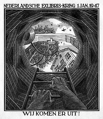 MC Escher, New Year's greeting card 1947, Nederlandsche Ex Libris- Kring, The Hague (B. 345), 1946
Woodcut, 4 5/8 x 4 inches
This card was created to honor the Dutch Underground in World War II. The Dutch Caption reads: 'We shall come out!' The viewer, like the man in the well whose hands clutch the rungs of the ladder, is drawn upward toward the light patch of sky and represen
ESCH0043