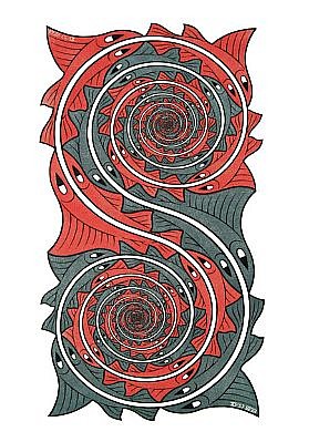 MC Escher, Whirlpools (B. 423)
Signed and Annotated Eigen Druk (Printed by Myself), 1957
Wood engraving and wood cut, second state, in red, grey and black, printed from two blocks, 17 1/4 x 9 1/4 inches
ESCH0130