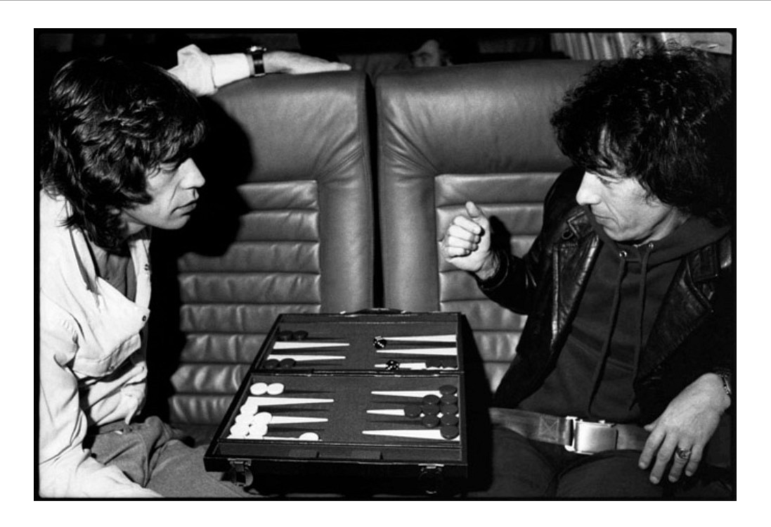 Michael Halsband, Mick Jagger & Bill Wyman playing Backgammon on the Tour Jet from Chicago to St Louis Checkerdome, November 19, 1981, 1981
Silver Gelatin Print
Ed. of 7
HALS0013
