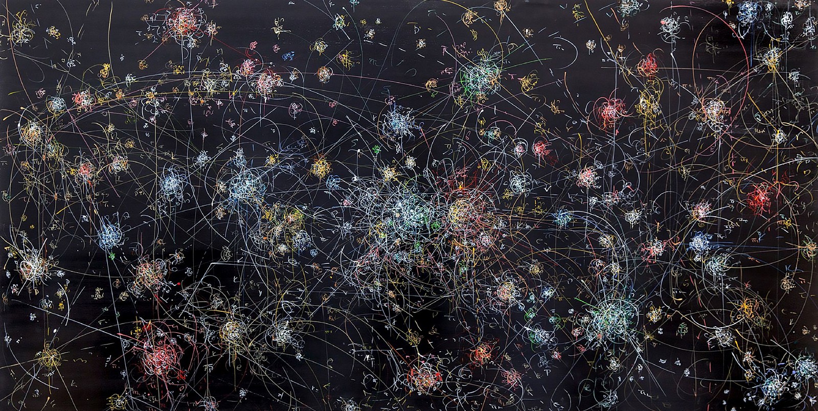 Kysa Johnson, Blow Up 288 - the long goodbye - subatomic decay patterns with the Sagittarius Star Cloud, 2016
ink and high gloss on board, 36 x 72 in.
JOHK00009