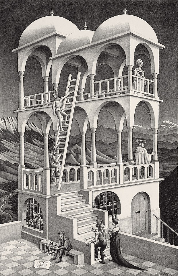 MC Escher, Belvedere (B. 426), 1958
Lithograph, 18 1/4 x 11 5/8 in.
ESCH00173