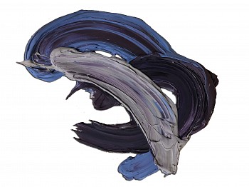 Donald Martiny Hupa (2019), a large-scale abstract sculptural painting with deep blue, black, violet, and silver-gray brushstrokes, created with polymer and pigment on aluminum. This expressive, high-impact artwork captures movement and energy, available