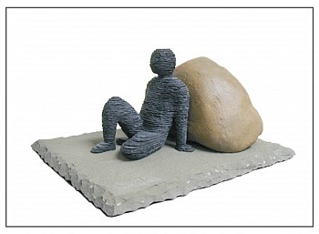 Boaz Vaadia Efrayim (2003), a bronze and bluestone sculpture featuring a reclining figure resting against a natural boulder. This contemporary stone art sculpture integrates raw materials with a modern aesthetic. Available at Sponder Gallery.