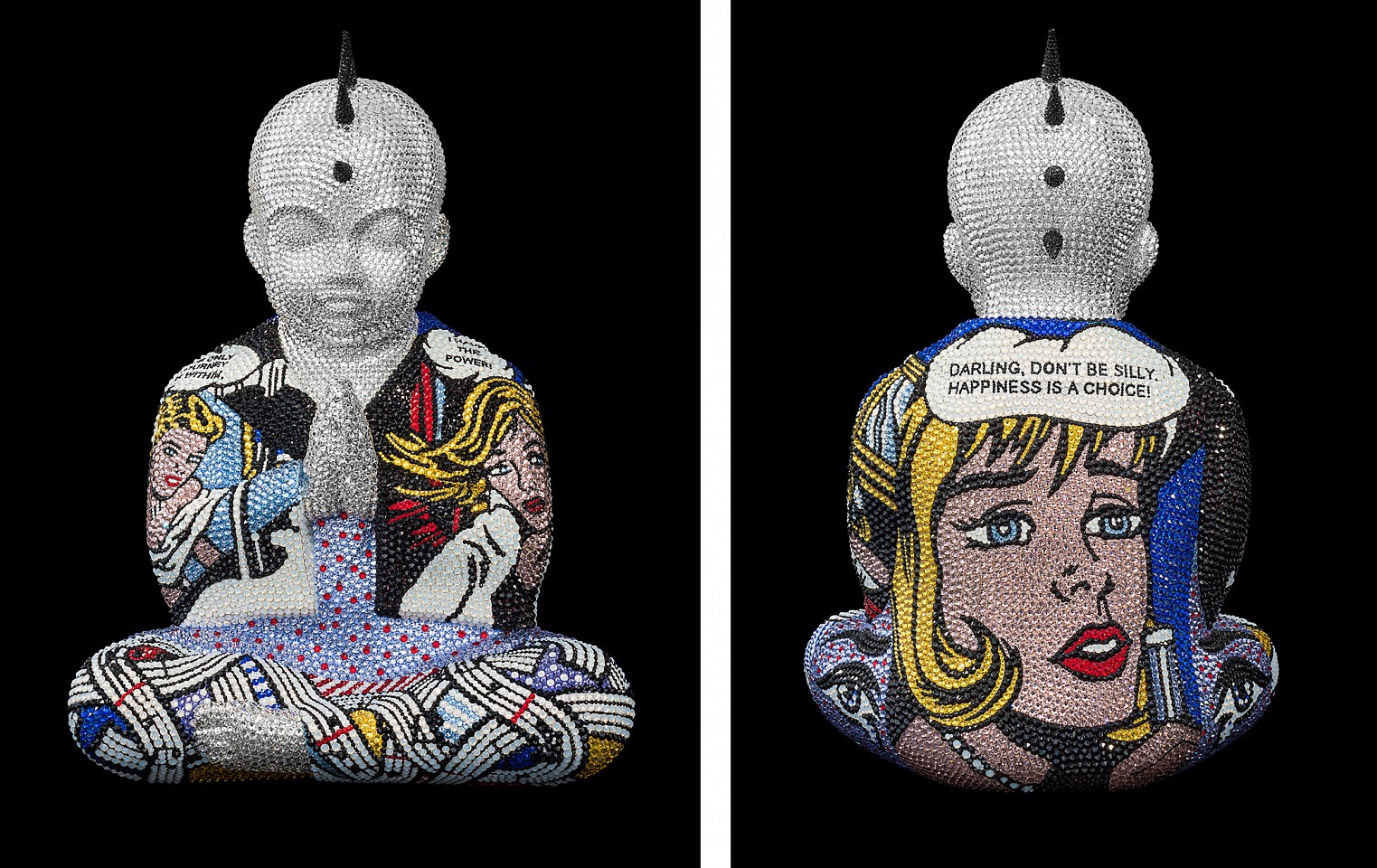 Metis Atash, PUNKBUDDHA large "AS LONG AS I HAVE A SONG" feat. Lichtenstein, 2021
Resin, acrylic paint and 28,000 Swarovski crystals, 17 1/2 x 12 x 9 in.
ATAS00240