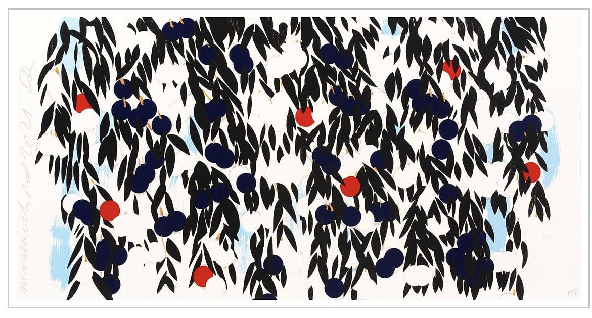 Donald Sultan, Z Mimosa with Red; edition of 40, 2021
Silkscreen with enamel inks, flocking, and tar-like texture on Rising 4-ply museum board, 42 x 84 in.
SULT00104