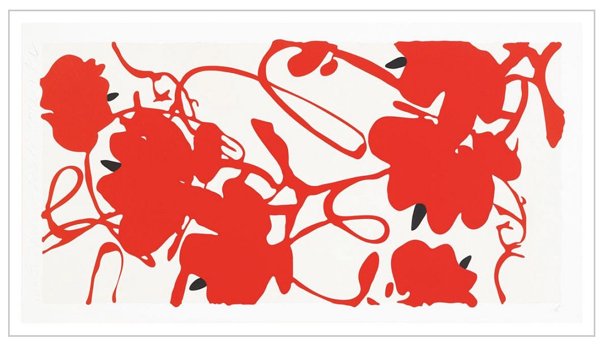 Donald Sultan, Z LANTERN FLOWERS, FEB 18, 2012; edition of 30, 2012
Color silkscreen with enamel inks, flocking, and tar-like texture on 4-ply, 41 x 77 in.
SULT00112
