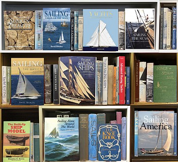 Max-Steven Grossmanâ€™s Sailing (2021), diasec-mounted fine art photograph, edition 1/5, 50 x 55 inches, featuring a hyperreal bookshelf filled with books on yachting, sailing, and maritime history. A stunning nautical-themed contemporary artwork, a