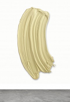 Donald Martinyâ€™s Nocoman (2013), a large-scale abstract sculptural painting featuring a sweeping beige brushstroke, created using polymer and pigment on aluminum, measuring 73 x 38 inches. A contemporary gestural artwork available at Sponder Gallery.