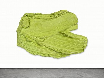 Donald Martiny Pashley (2011), a small-scale abstract sculptural painting with a bold chartreuse green brushstroke, created with polymer and pigment on aluminum. This expressive, textured artwork captures movement and energy, available at Sponder Gallery.