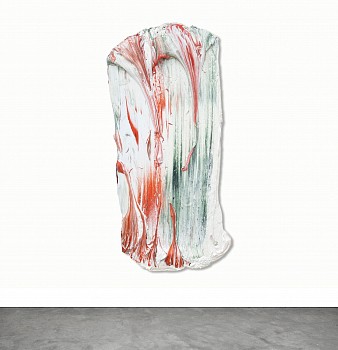 Donald Martiny Pog (2018), a large-scale abstract sculptural painting with bold white, red, and green brushstrokes on aluminum. This gestural artwork captures expressive movement and texture, available at Sponder Gallery.