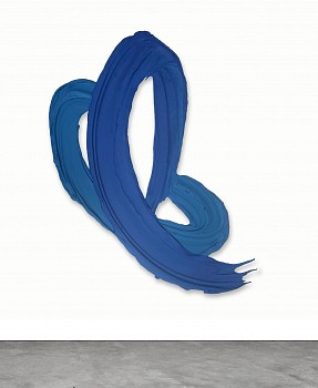 Donald Martiny Tsiutsiu (2019), a large-scale abstract sculptural painting with fluid blue brushstrokes, created with polymer and pigment on aluminum. This expressive, free-form artwork captures movement and energy, available at Sponder Gallery.