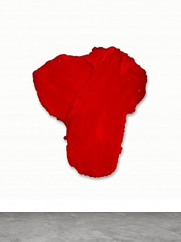 Donald Martiny Viey (2010), a vibrant red abstract sculptural painting made of polymer and pigment on aluminum, featuring expressive brushstrokes and a bold, fluid form. Available at Sponder Gallery.