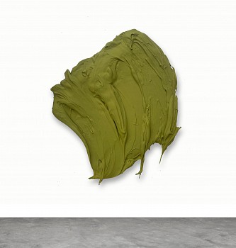 A sculptural abstract painting by Donald Martiny titled Biloxi (ca. 2015), featuring a sweeping brushstroke in olive green, created with polymer and pigment on aluminum. This three-dimensional gestural artwork extends beyond the canvas, blending painting