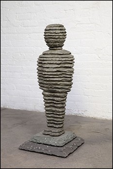 Boaz Vaadia Milka (#121) (2013), a bronze and bluestone figurative sculpture featuring a vertically stacked human form, measuring 35 x 16 x 16 inches. This stacked stone artwork merges ancient techniques with modern abstraction, available at Sponder Galle