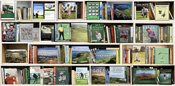 Photographic artwork titled Golf BL (2023) by Max-Steven Grossman, a diasec-mounted fine art print (Edition 3/5, 48 x 100 in.), featuring a hyperreal bookshelf composition with books on golf history, famous courses, and legendary players.