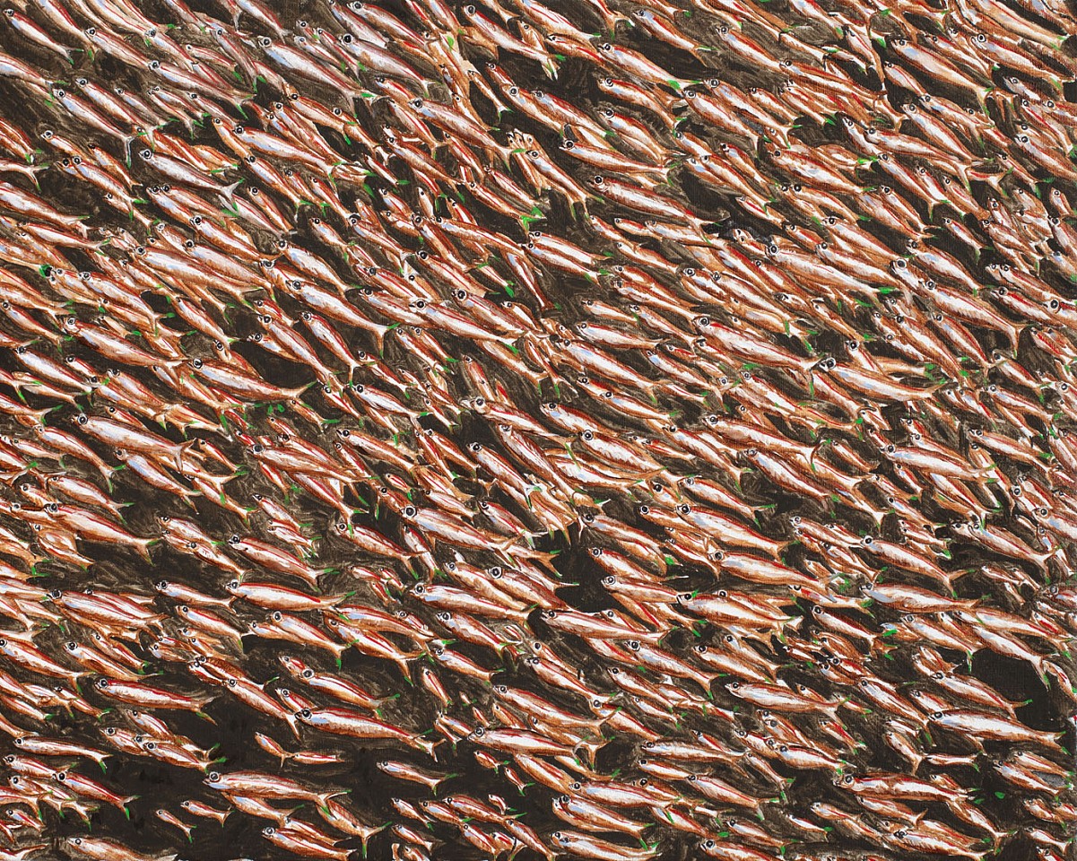 Doug Argue, Untitled, 2022
Oil on Canvas, 16 x 20 in.

Doug Argue’s Untitled (2022) is a striking oil painting on canvas measuring 16 x 20 inches, depicting a densely packed school of fish swirling in mesmerizing, rhythmic patterns. The composition captures the collective motion and organic flow of the fish, showcasing Argue’s fascination with repetition, movement, and the interconnectedness of life. The vivid detail, rich textures, and interplay of light and shadow highlight his masterful brushwork, making this piece both visually dynamic and contemplative. Argue’s work often explores themes of structure within chaos, creating a captivating balance between natural forms and abstract expression.

Discover Doug Argue’s Untitled (2022), an oil on canvas painting featuring a dynamic school of fish in flowing, rhythmic motion. Explore this contemporary artwork at Sponder Gallery.

ARGU00001