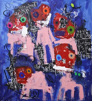 Abstract contemporary paintine g titled The Rise of thFall, by Taher Jaoui, featuring bold red, blue, and pink hues with layered textures, figurative forms, expressive brushstrokes, and cryptic text elements.