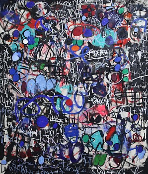 Abstract contemporary painting titled Pretending to be Awake (2024) by Taher Jaoui, featuring bold gestural brushstrokes, expressive mark-making, cryptic symbols, and vibrant color contrasts on a 75 x 68 in. mixed-media canvas.