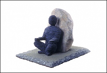 Boaz Vaadia El'azar (1999), a bronze and bluestone sculpture featuring a seated human figure resting against a natural boulder. This contemporary stone artwork reflects Vaadia&acirc;s integration of raw materials with modern aesthetics. Available at Sponder Gal