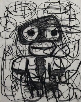 Abstract contemporary painting titled Geometric Thoughts (2024) by Taher Jaoui, featuring bold black charcoal lines, gestural abstraction, and geometric forms on a 31 x 23 1/2 in. mixed-media canvas.