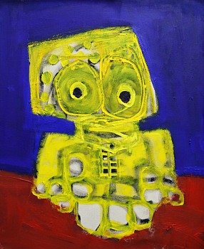 Abstract contemporary painting titled A Yellow Mushroom (2024) by Taher Jaoui, featuring bold yellow, deep blue, and red hues with expressive brushwork, gestural abstraction, and layered textures on a 31 x 23 1/2 in. mixed-media canvas. Available at Spond