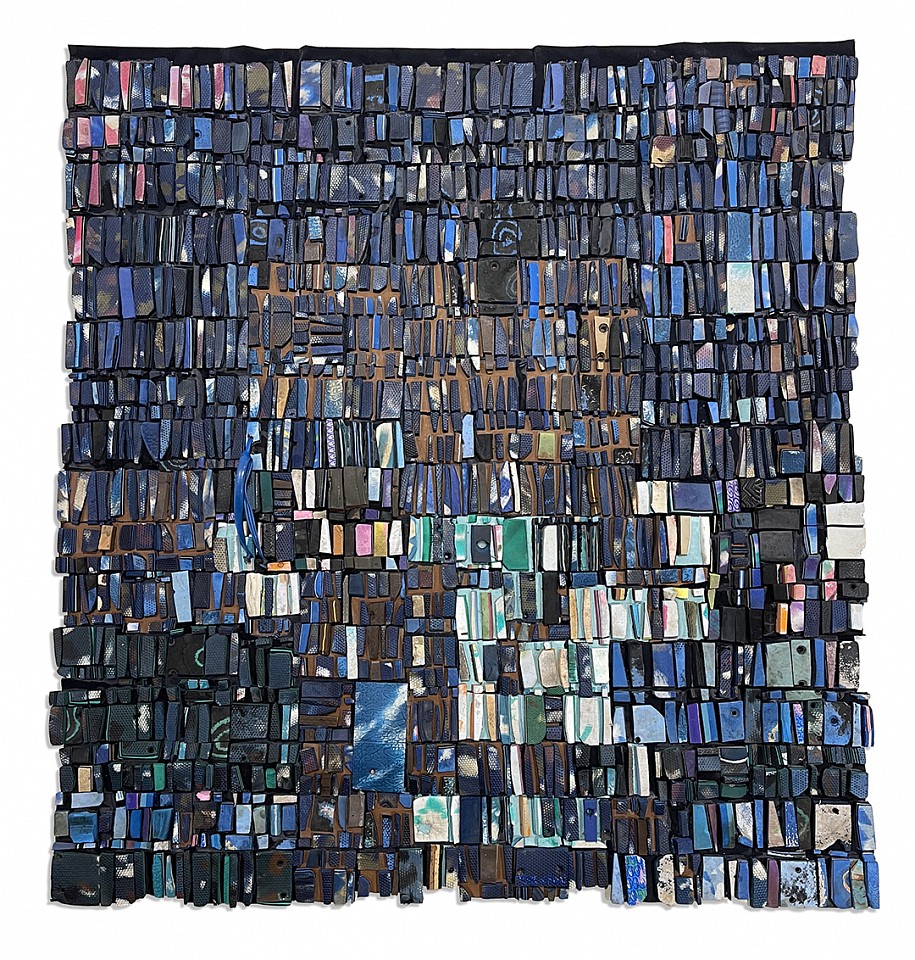 Patrick Tagoe Turkson, 346 Nyimdzee (Blue)
Found Flip Flops on Suede, 47 x 44 in.
Patrick Tagoe Turkson’s 346 Nyimdzee is a compelling assemblage that invites rigorous examination of material culture and the socio-environmental implications of contemporary art practices. Measuring 47 by 44 inches, this piece is constructed from found flip-flops meticulously arranged on suede, a choice that situates Turkson within a lineage of artists who engage with reclaimed materials to critique consumerism, transnational waste flows, and the ecological toll of globalized economies. The work’s intricate patchwork structure transforms detritus into a carefully ordered visual lexicon, where each fragment of rubber contributes to an overarching mosaic, resonant with both aesthetic and cultural significance.


TAGO00002
$13,500