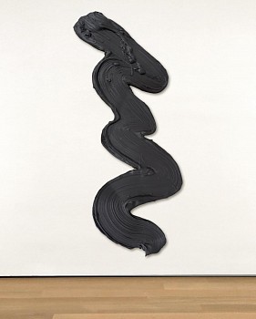 Donald Martinyâ€™s Oshun (2023), a large-scale abstract sculptural painting with a fluid black brushstroke, created using pigment and polymer on aluminum, measuring 95 x 37 inches. A contemporary gestural artwork available at Sponder Gallery.