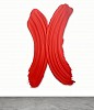 Donald Martinyâ€™s Orejon (2013), a large-scale abstract sculptural painting with bold red intersecting brushstrokes, created using polymer and pigment on aluminum, measuring 77 x 46 inches. A contemporary gestural artwork available at Sponder Gallery.