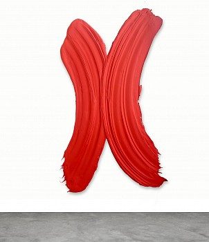 Donald Martinyâ€™s Orejon (2013), a large-scale abstract sculptural painting with bold red intersecting brushstrokes, created using polymer and pigment on aluminum, measuring 77 x 46 inches. A contemporary gestural artwork available at Sponder Gallery.