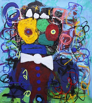 Abstract contemporary painting titled Anthropoid VII (2024) by Taher Jaoui, featuring bold strokes of yellow, blue, red, and green with gestural abstraction, expressive mark-making, and layered textures on a 57 x 49 1/8 in. mixed-media canvas.